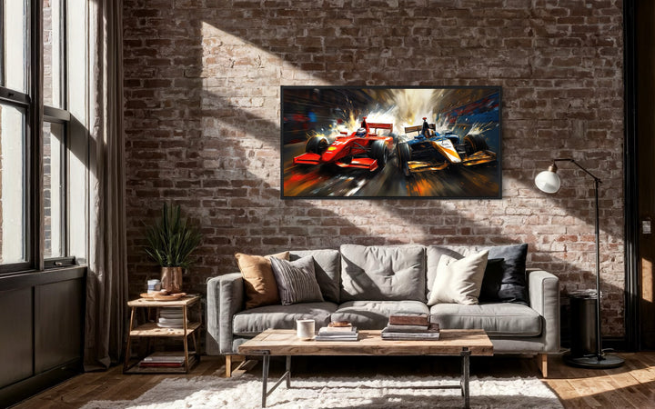 Two Race Cars On Race Track Graffiti Abstract Painting Framed Canvas Wall Art