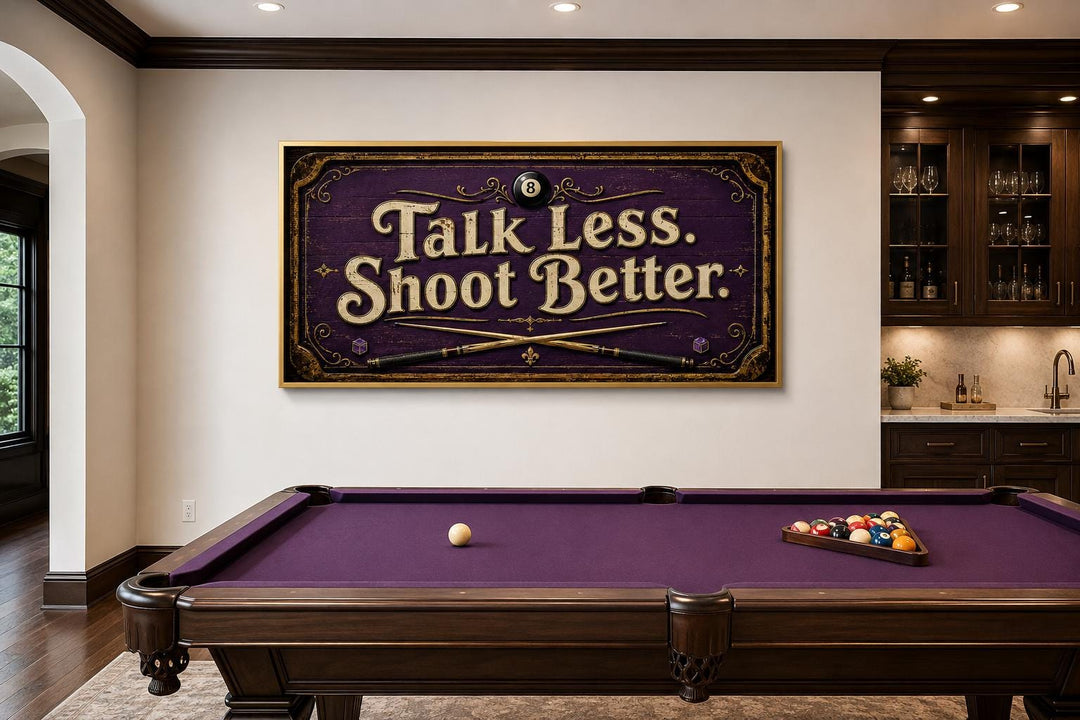 Talk Less Shoot Better Vintage Pool Hall Sign with Crossed Cues and 8-Ball, Purple Gold Billiards Wall Art