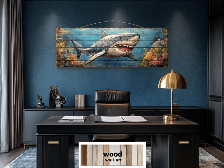 Horizontal wood wall art of a great white shark in a coral reef above a modern office desk.