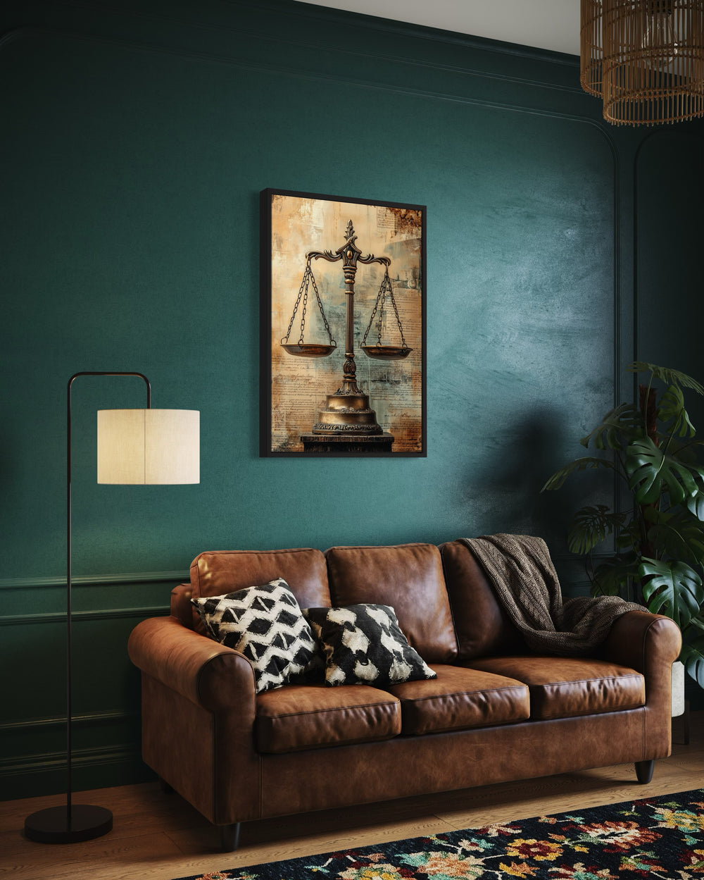 Scales Of Justice Legal Office Framed Canvas Wall Decor above leather couch