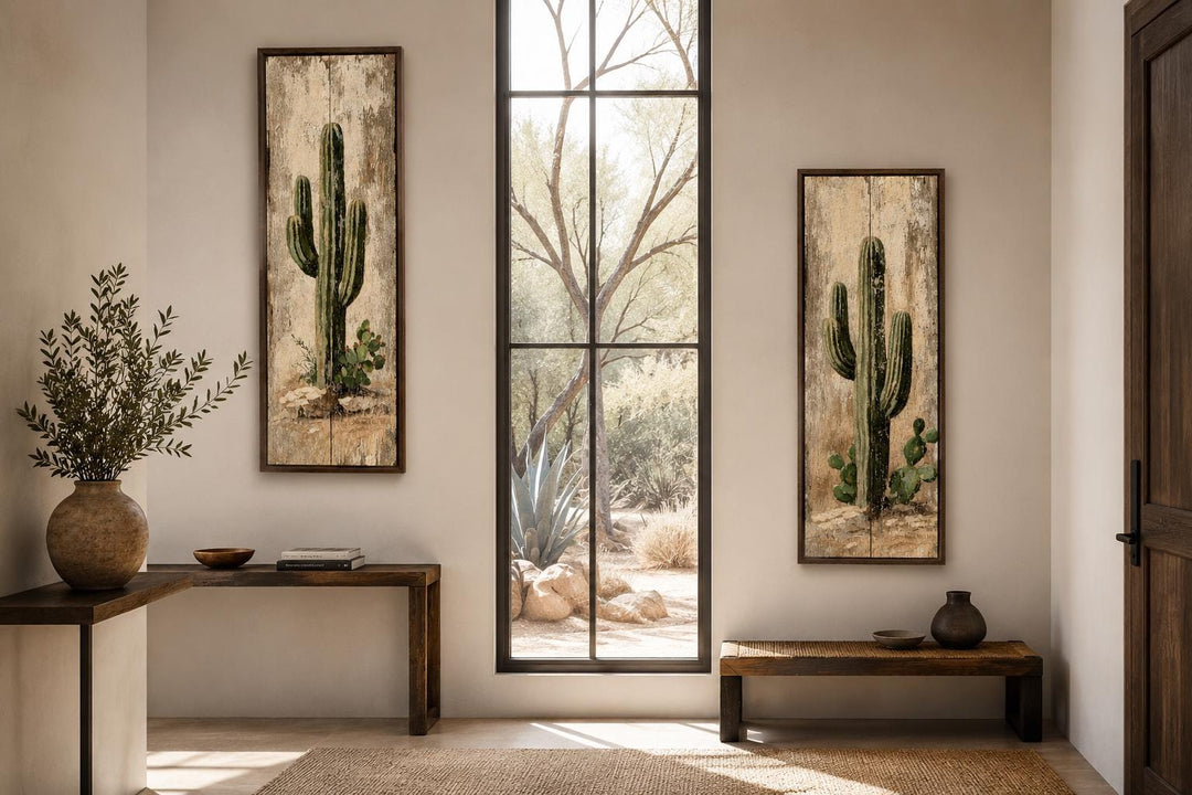 Saguaro Cactus Painting | Set of 2 Vertical Narrow Wall Art - Rustic Desert Canvas Prints