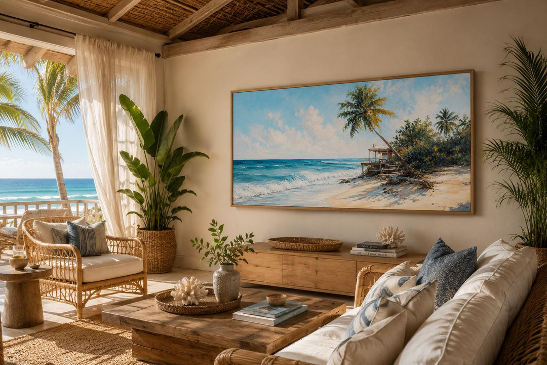 Tropical beach wall art with palm trees and turquoise waves in a bright coastal living room.