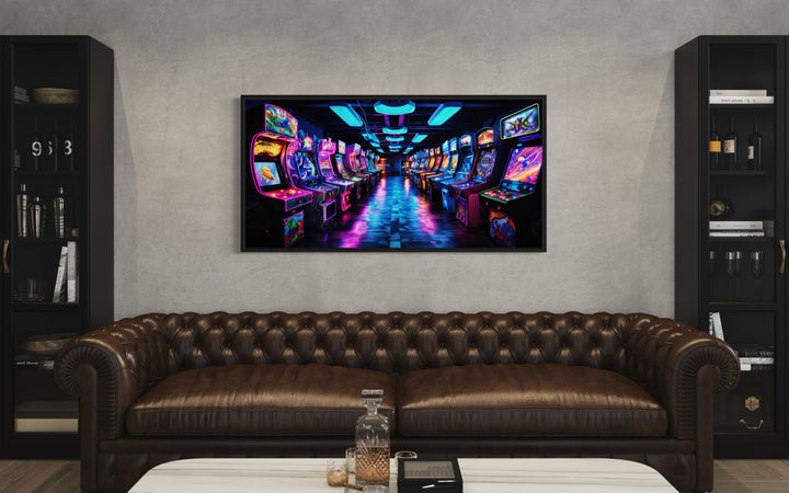 Retro Arcade Painting Game Room Framed Canvas Wall Art in a living room with a couch