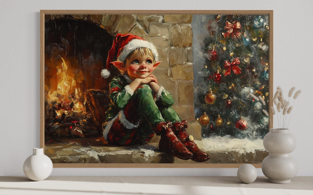 Vintage Christmas Elf by Fireplace Canvas Wall Art