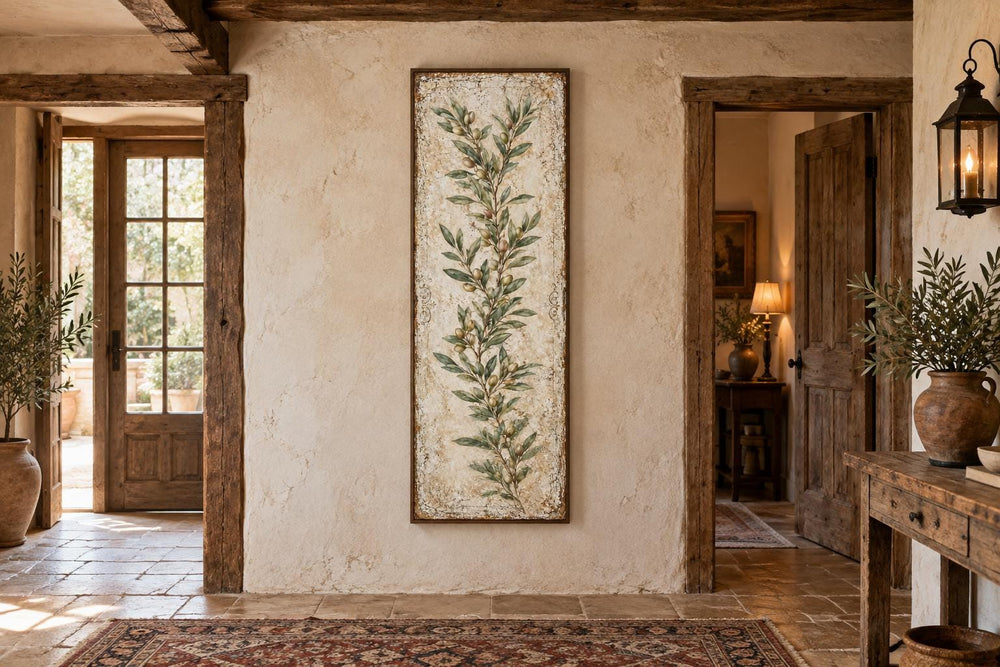 Tall vertical canvas wall art featuring a green olive branch on a textured, aged cream background.