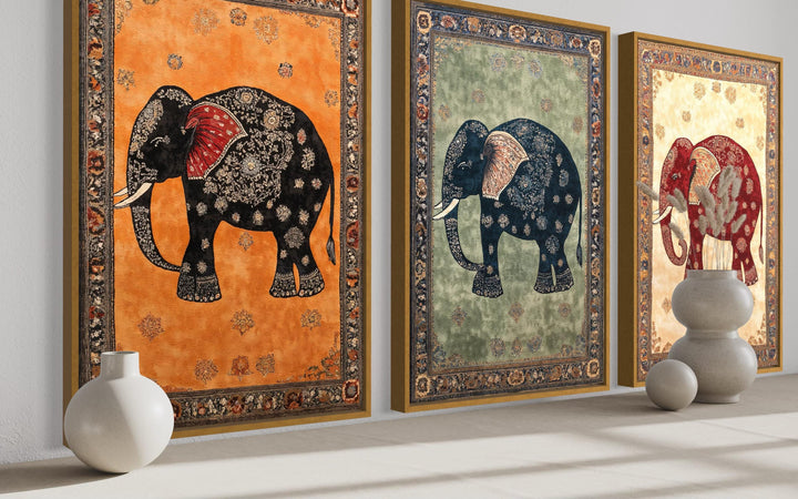 Indian Madhubani Elephant Canvas Wall Art Set of 3
