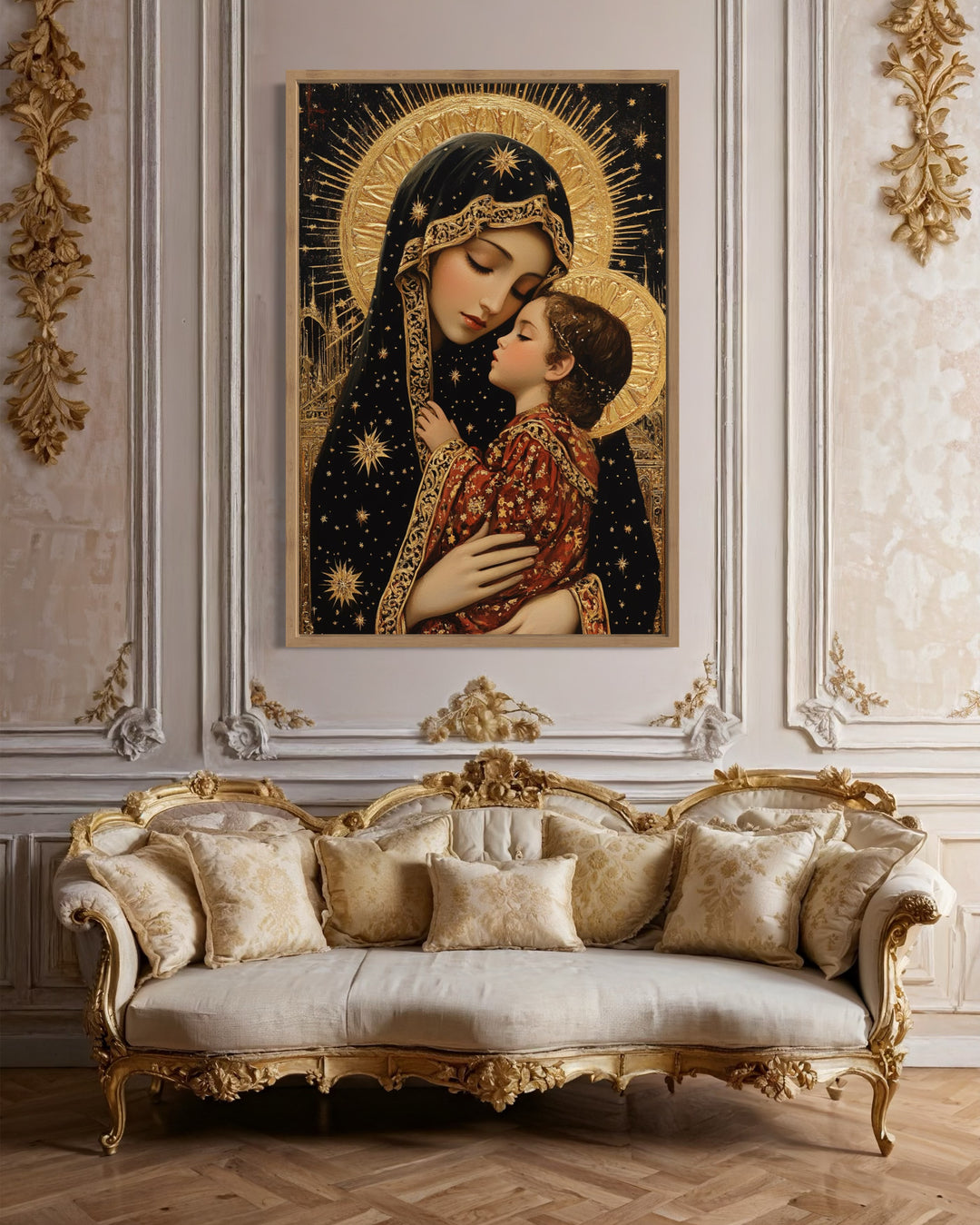 Virgin Mary And Baby Jesus Modern Icon Framed Christian Canvas Wall Art in luxury living room