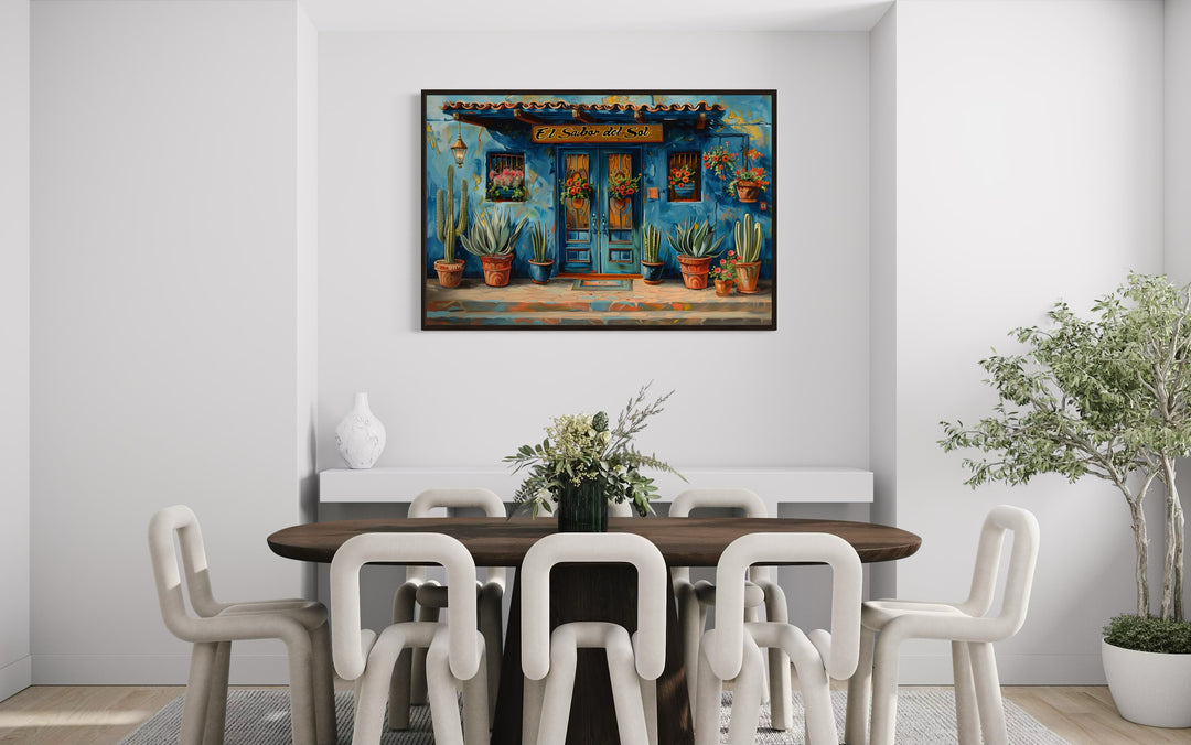 Mexican Restaurant Door Framed Canvas Wall Art For Dining Room in a dining room with table and white chairs