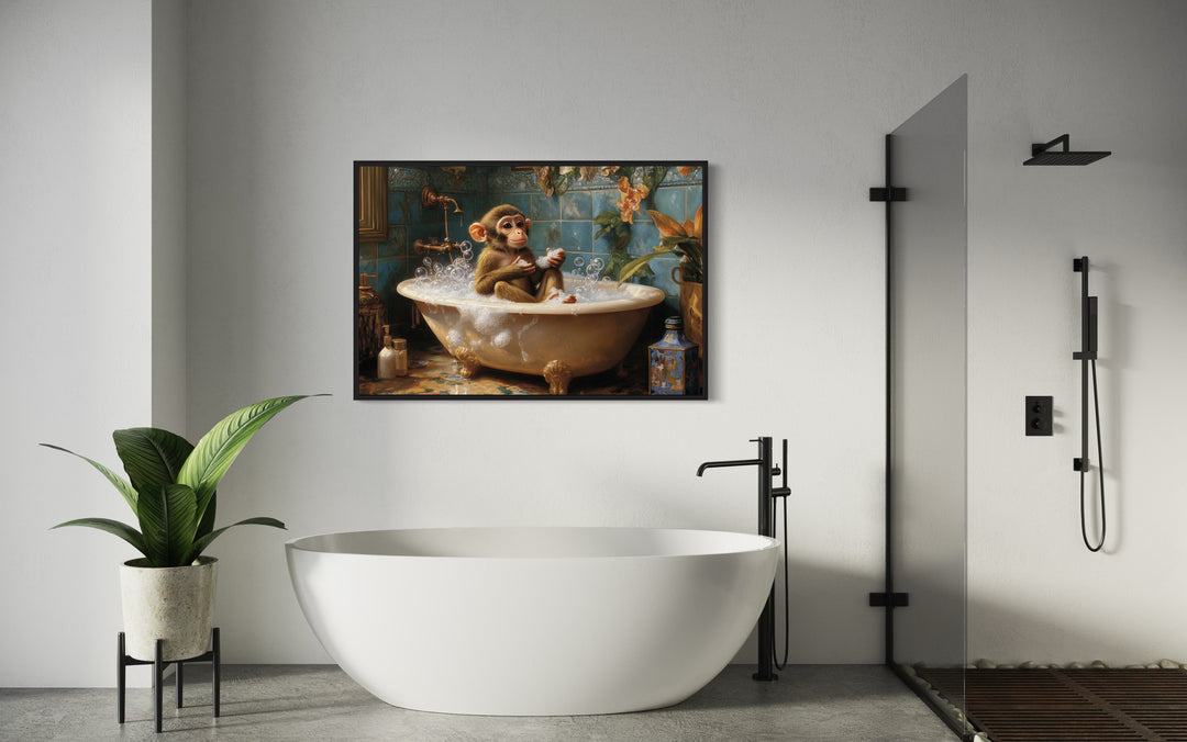 Monkey in a Bathtub Framed Canvas Wall Art in bathroom