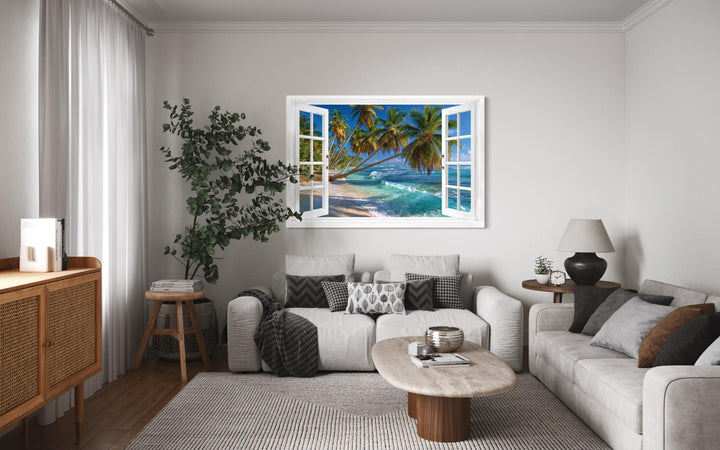 Window view canvas wall art of a tropical beach with palm trees and turquoise ocean waves.