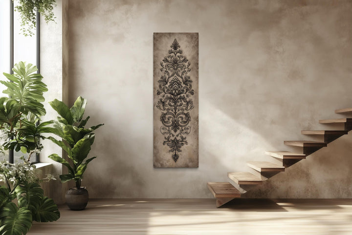 Vertical tall narrow canvas wall art featuring an antique French ornamental damask design.