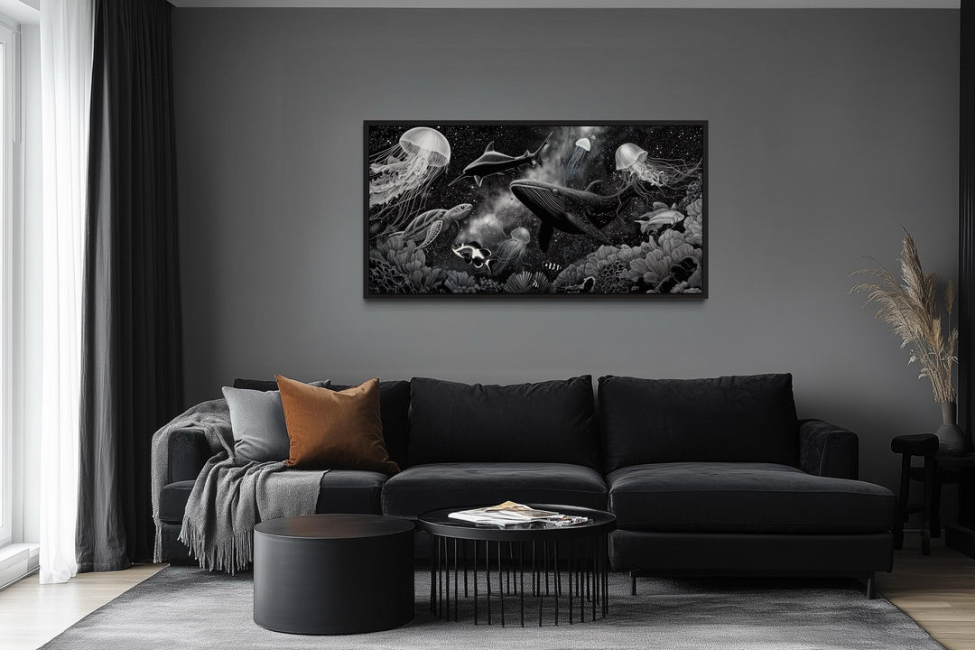 Black and White Underwater Ocean Scene Canvas Wall Art – Whale, Jellyfish, Sea Turtle, Coral Reef