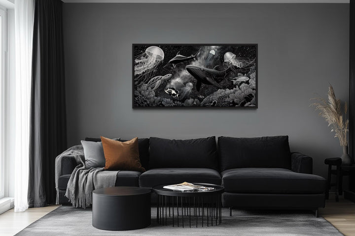 Black and White Underwater Ocean Scene Canvas Wall Art – Whale, Jellyfish, Sea Turtle, Coral Reef