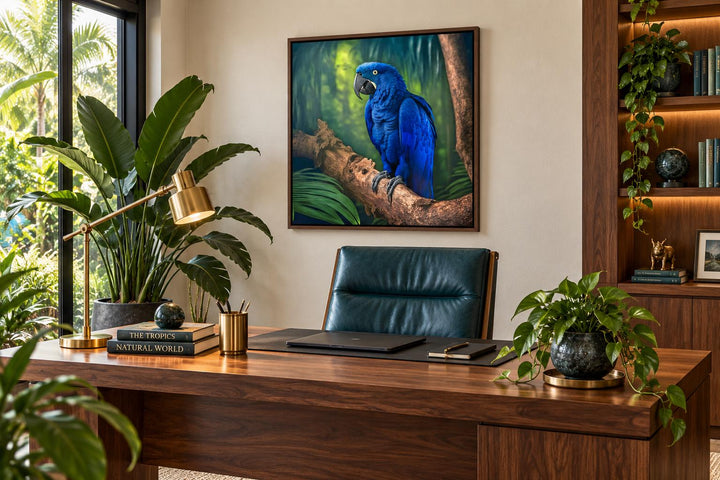 Hyacinth Macaw Parrot canvas wall art in a dark wood frame above a modern office desk.