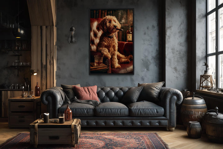 Red Brown  Goldendoodle Dog Drinking Whiskey and Smoking Cigar Canvas Wall Art