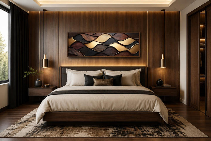 Long horizontal abstract canvas with brown, black, and gold wavy wood-grain geometric patterns.