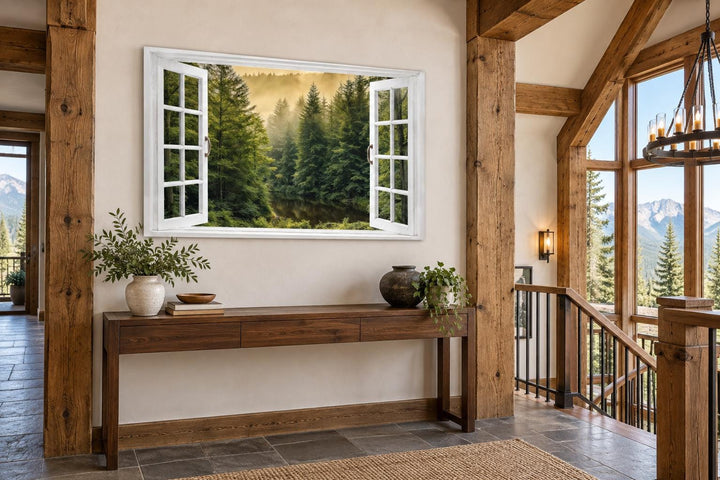 Fake window wall art showing a foggy pine tree forest and stream through an open white frame.