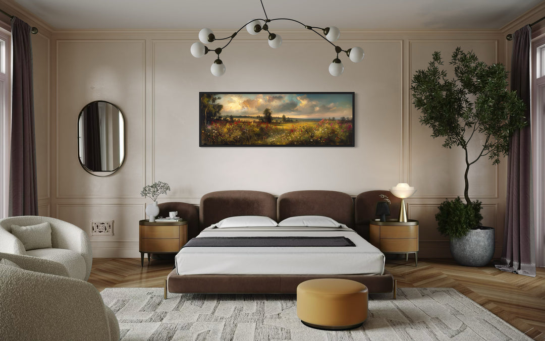 aVintage Wildflowers Field Landscape at Sunset Panoramic Canvas Wall Art in bedroom with a bed