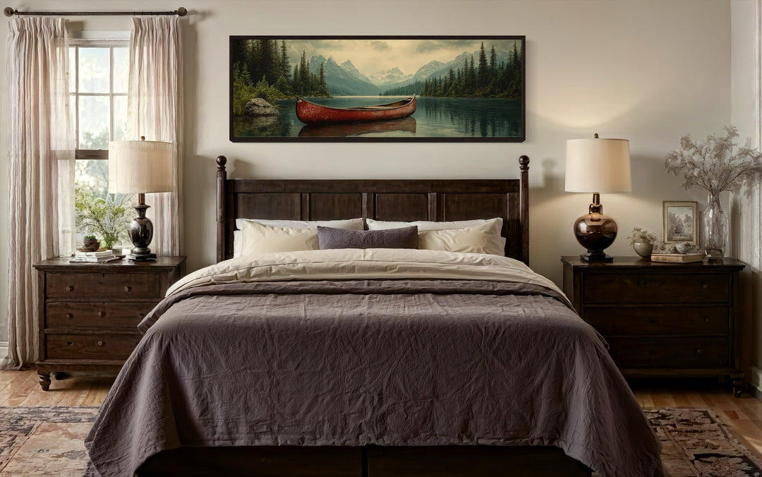 Old Red Canoe In The Lake Rustic Framed Canvas Wall Art above bed