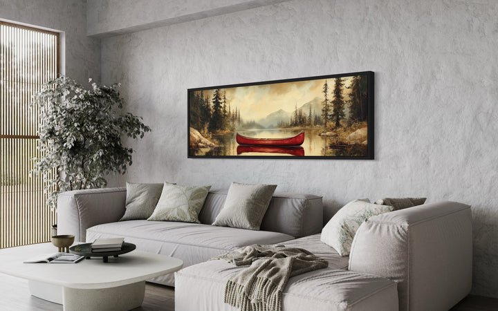 Rustic Red Canoe Framed Canvas Wall Art For Cabin Or Lake House Decor side view above couch