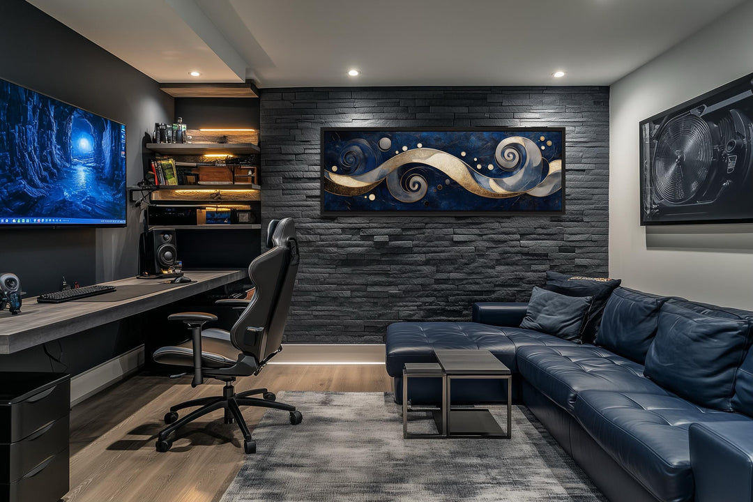 Navy and Gold Abstract Swirl Canvas Art - Elegant Galaxy-Inspired Horizontal Print for Modern Living Room Decor