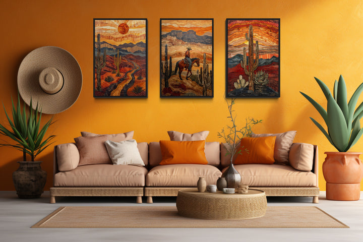 3 Piece Southwestern Canvas Wall Art With Cowboy, Saguaro Cactus and Arizona Desert in mexican room