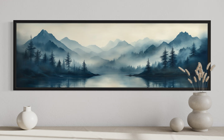 Navy Blue Mountain Lake Landscape Long Horizontal Above Bed Framed Canvas Wall Art close up