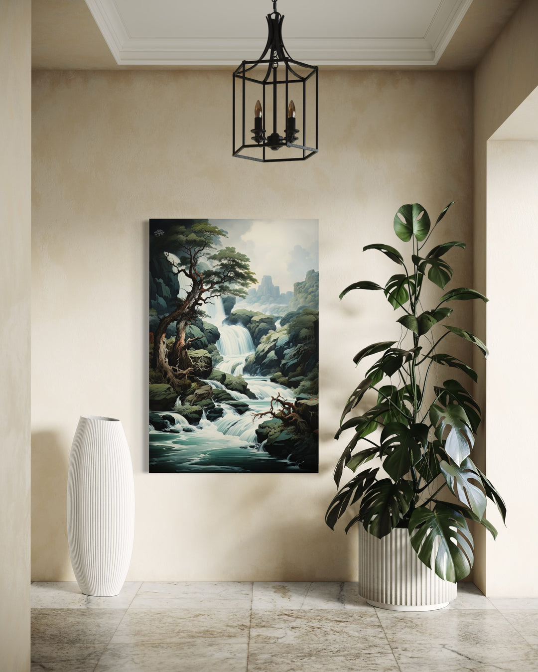 Ukioyo-E Style Waterfall Japanese Landscape Framed Canvas Wall Art on the wall