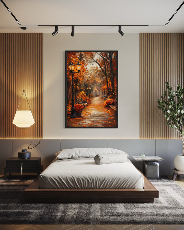 Autumn Street In The Park Framed Canvas Wall Art above bed