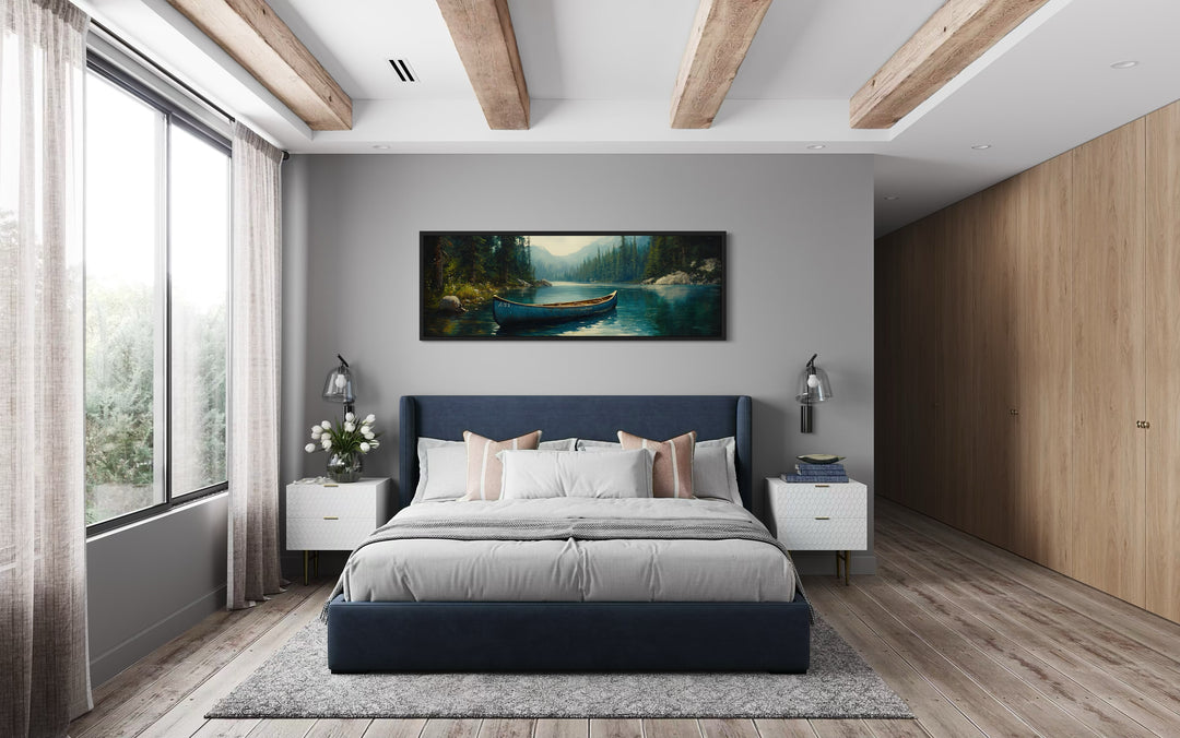 Rustic Blue Canoe In The Lake Framed Canvas Wall Art above bed in lake house