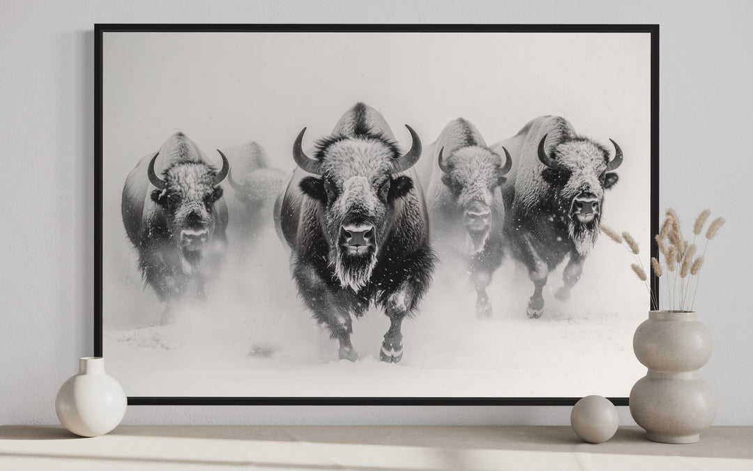 Herd Of Running Bisons In Snow Black White Framed Canvas Wall Art close up