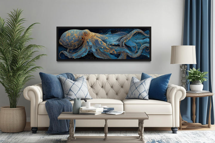 Octopus Horizontal Canvas Wall Art – Nautical Blue Ocean Decor | Coastal Living Room Art