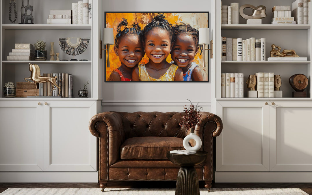 Happy Smiling Black Girls Framed Canvas Wall Art in a living room filled with furniture and a painting on the wall