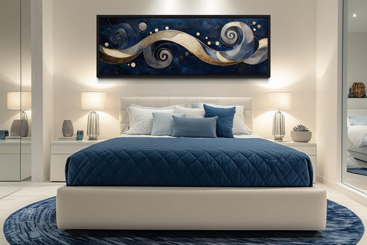 Navy and Gold Abstract Swirl Canvas Art - Elegant Galaxy-Inspired Horizontal Print for Modern Living Room Decor
