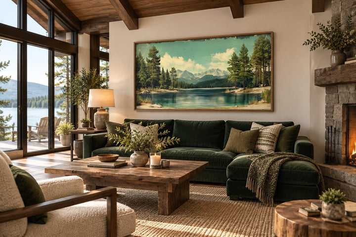 Lake, Mountains And Pine Forest Nature Vintage Style Canvas Wall Art