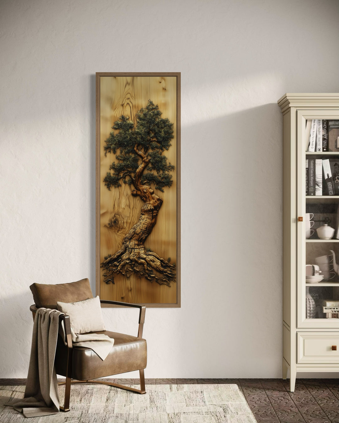 Oak Tree Painted On Wood Slice Vertical Framed Canvas Wall Art in rustic cabin