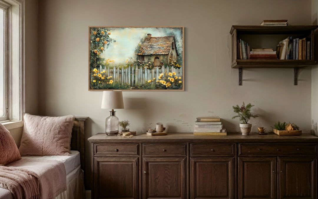 Charming Cottage Garden Rustic Floral Canvas Wall Art in living room