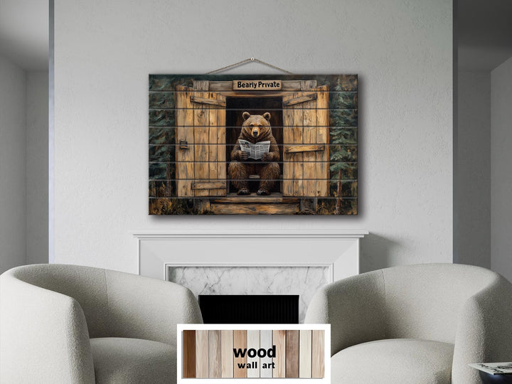 Funny Bear In Outhouse Distressed Wood Wall Art