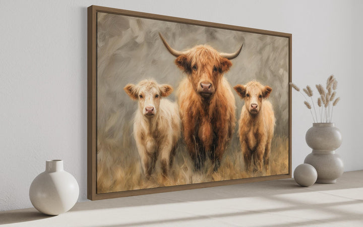 Highland Cow and Two Calves Canvas Wall Art