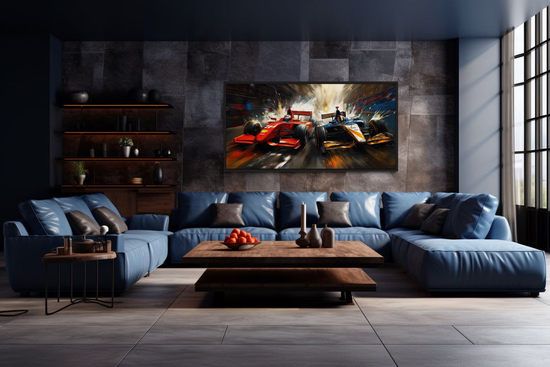 Two Race Cars On Race Track Graffiti Abstract Painting Framed Canvas Wall Art in a living room filled with furniture