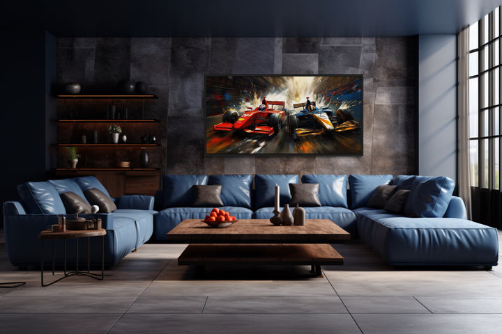 Two Race Cars On Race Track Graffiti Abstract Painting Framed Canvas Wall Art in a living room filled with furniture