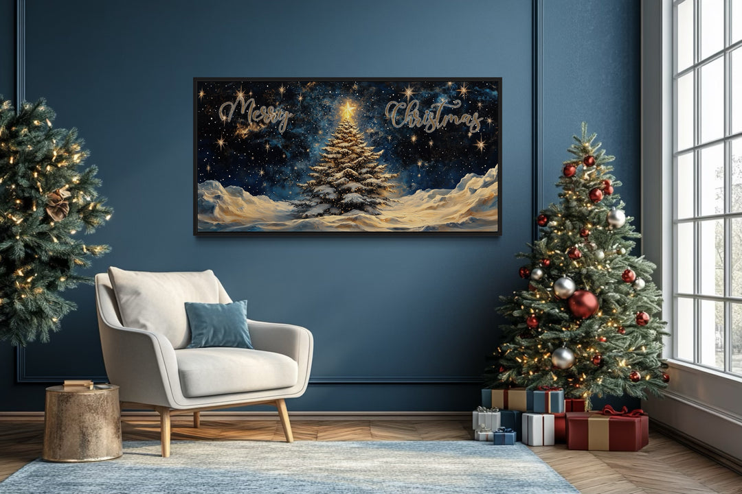 Merry Christmas Sign With Decorated Tree And Snow Canvas Wall Art