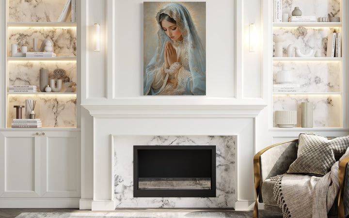 Virgin Mary Praying Framed Christian Canvas Wall Art above mantel