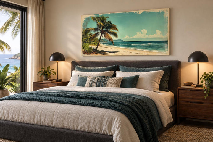 Vintage Style  Tropical Beach With Palm Tree Canvas Wall Art