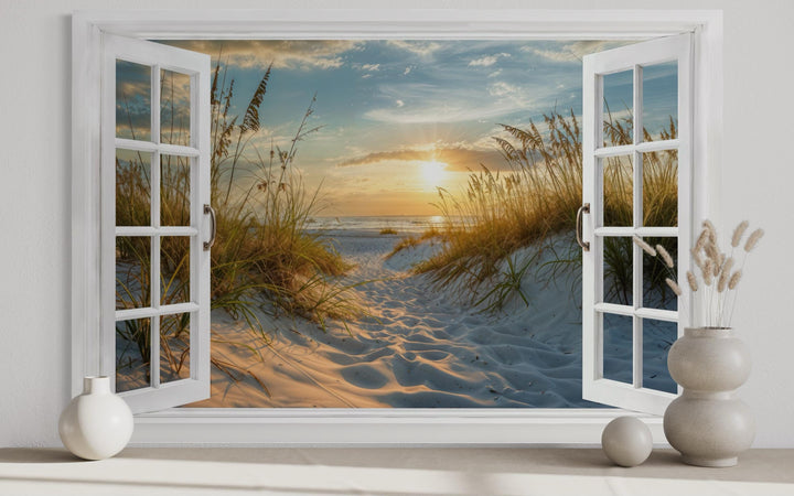 Fake Open Window View Beach Sunset Canvas Wall Art With Dunes and Beach Grass
