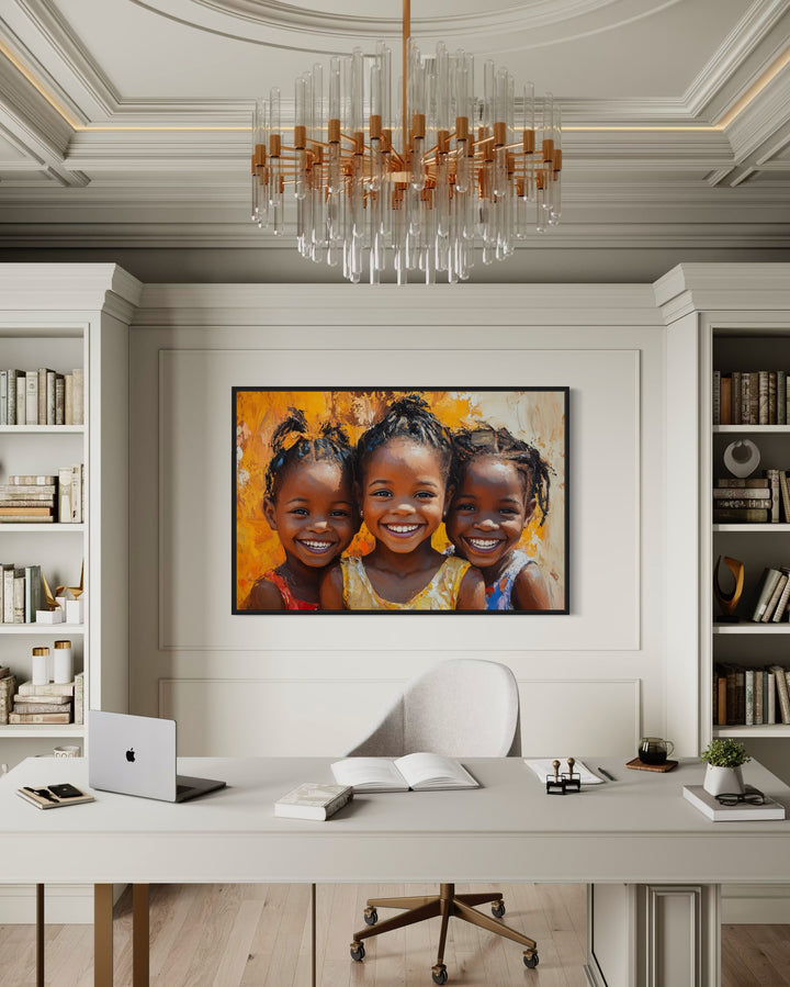 Happy Smiling Black Girls Framed Canvas Wall Art in the office