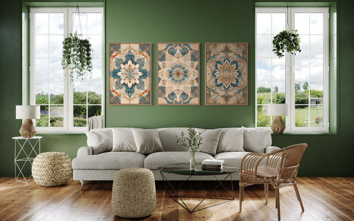 framed Wall Art Set of 3 Boho Neutral Mandala Wall Decor in a living room with green walls and a white couch