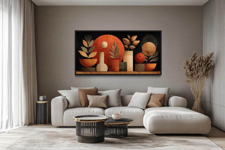 Boho Terracotta Wall Art - Abstract Canvas Print with Vases and Leaves for Neutral Decor