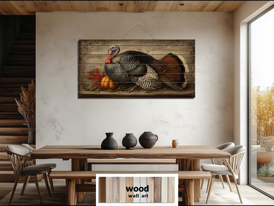 Rustic Thanksgiving Turkey With Pumpkins Distressed Wood Wall Art