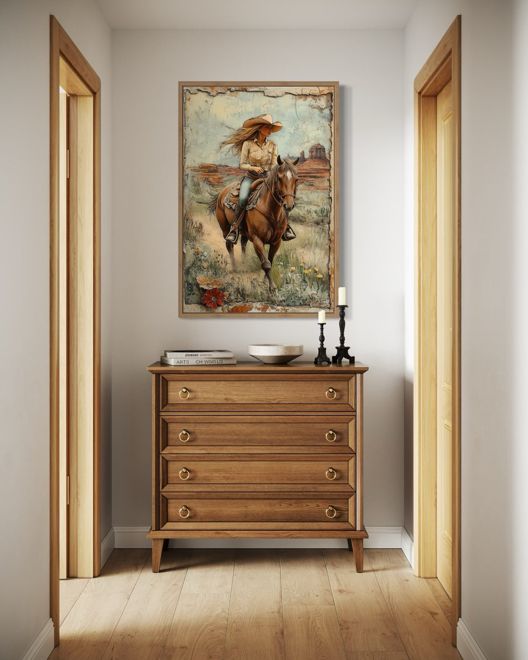 Cowgirl Riding A Horse In The Desert Framed Canvas Wall Art